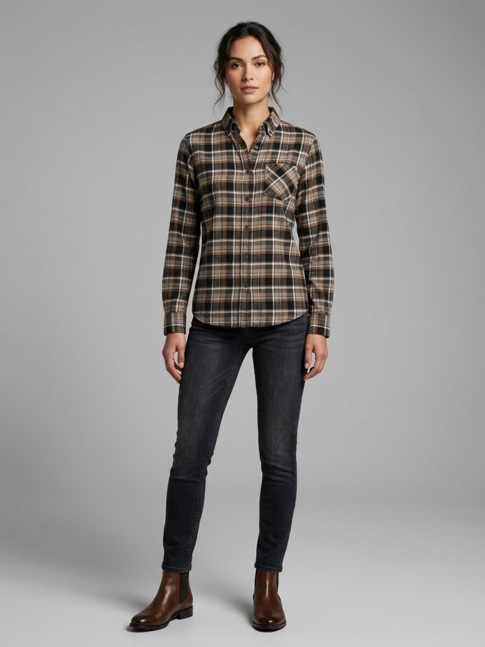 George Brown, Black and Cream Plaid Button-Up Shirt